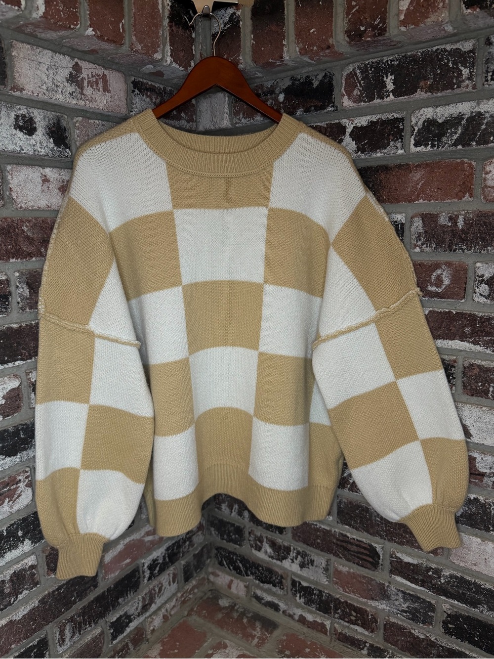 Checkered Colorblock Chunky Batwing Sleeve Knit Oversized Crewneck Sweater